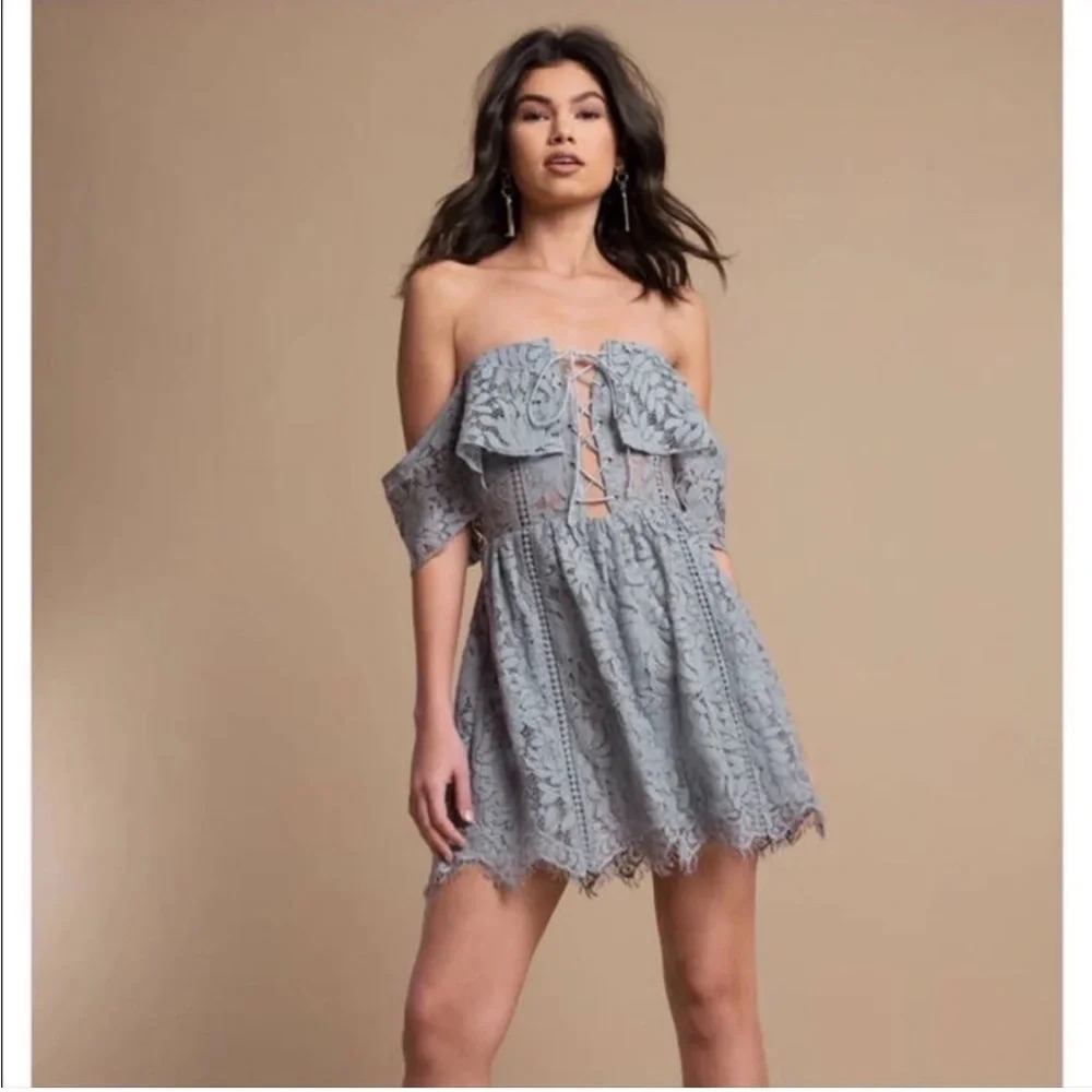 Tobi Lace Sheer Corset Front Off Shoulder Mini Dress M Blue